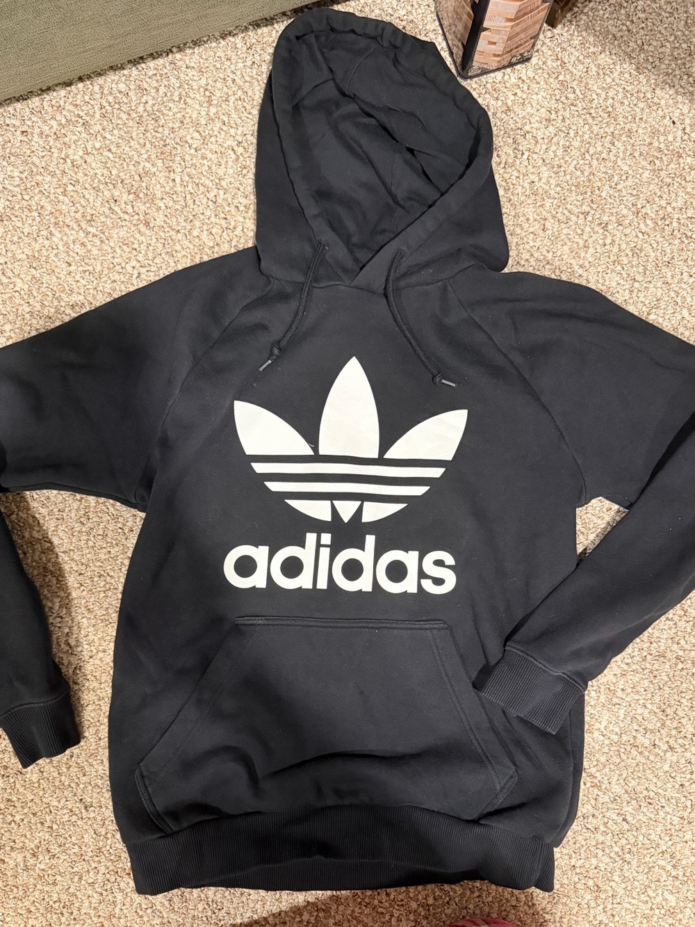 adidas Black Hoodie with White Graphic and Blue Tag